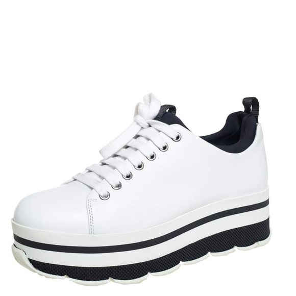 Authentic Prada Sport White Leather Platform Sneakers Size 37 - Picture 1 of 9